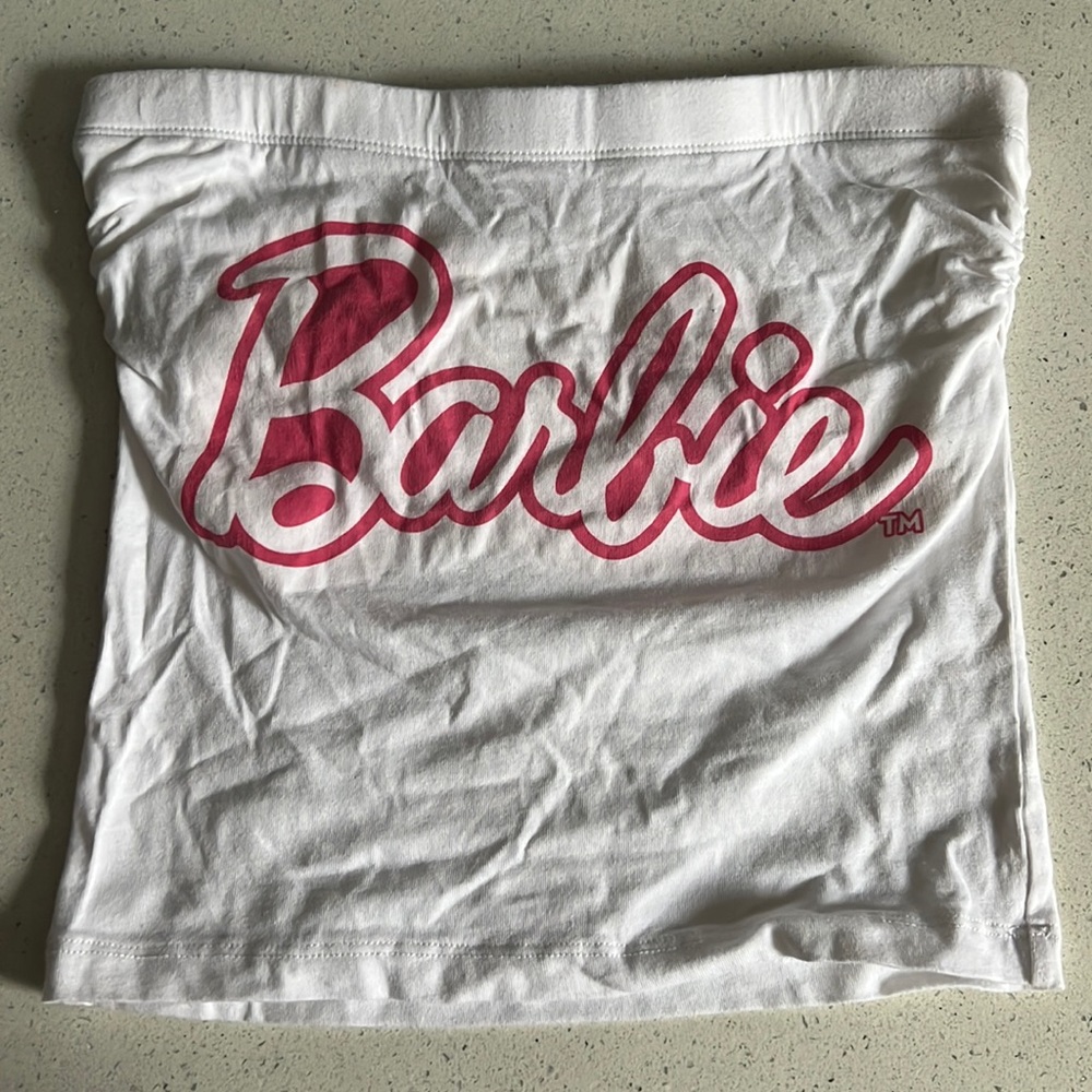 White tube top with Barbie on the front and built in bra